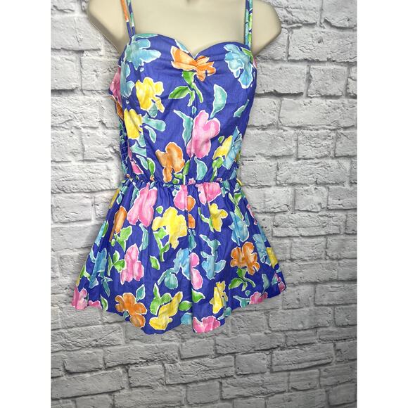 Vintage Gabar One Piece Swimsuit Blue Floral Shorts Size 10/Small Tropical 60s - Picture 2 of 9